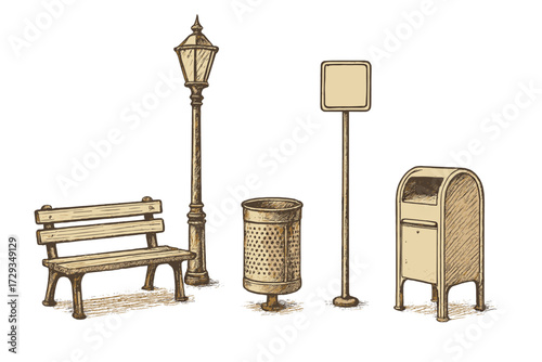 Classic street furniture collection featuring a park bench, lamppost, trash can, signpost, and mailbox