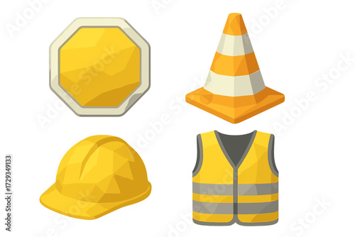 Construction safety equipment set with hard hat, traffic cone, reflective vest, and blank warning sign