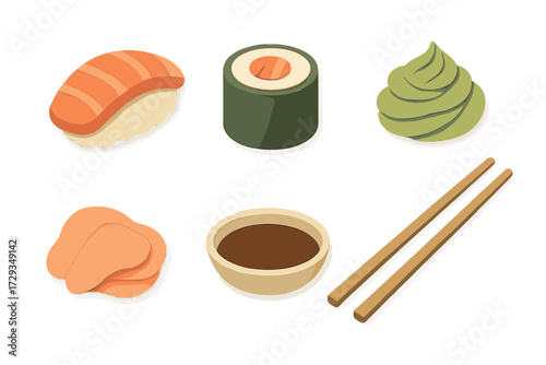 Traditional Japanese sushi meal featuring maki rolls, wasabi, pickled ginger, soy sauce, and chopsticks