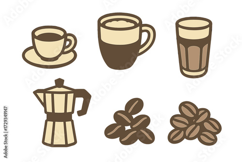 Variety of coffee cups, mugs, glass, moka pot, and roasted beans representing different hot beverages