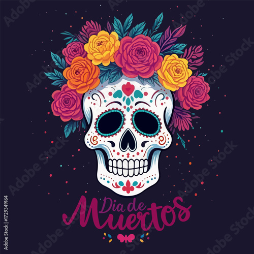 Dead day dia de muertos skull flowers, vector art illustration.