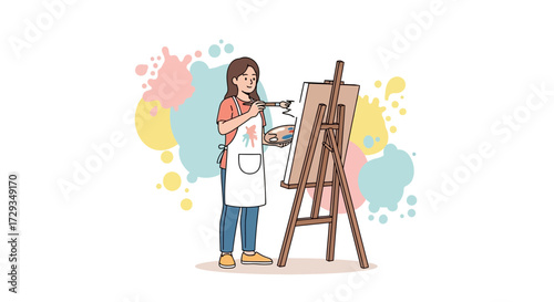 Creative Young Artist Working On Canvas With Paint Palette And Brush Cartoon Illustration