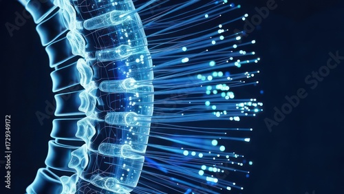 Artistic depiction of the human spine with glowing neural pathways.