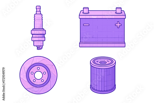 Set of vital automotive components: spark plug, car battery, brake disc, and oil filter for vehicle maintenance