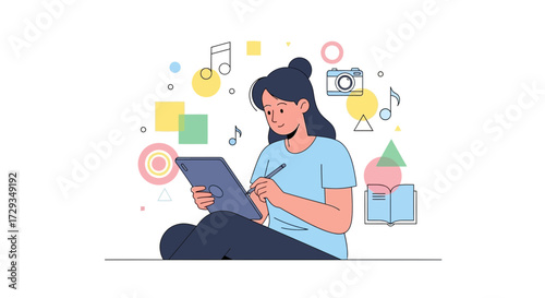 Creative Young Woman Using A Tablet, Surrounded By Modern Style Elements.