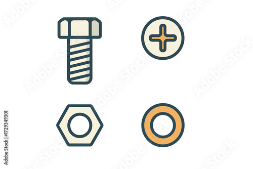 Industrial fasteners collection with bolt, Phillips head screw, hexagonal nut, and flat washer on white background