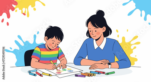 Creative Session: A Child Embracing Art Under Gentle Guidance