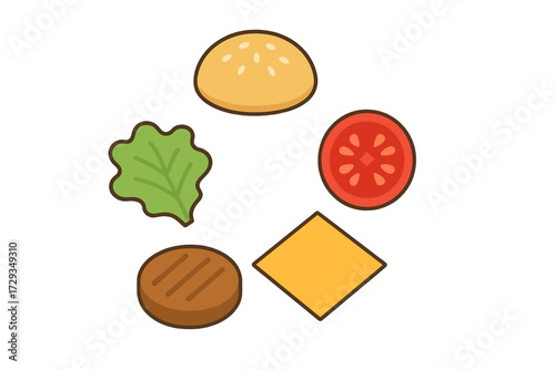 Classic hamburger components including sesame seed bun, grilled beef patty, cheddar cheese, fresh lettuce, and ripe tomato slice, arranged separately on a white background