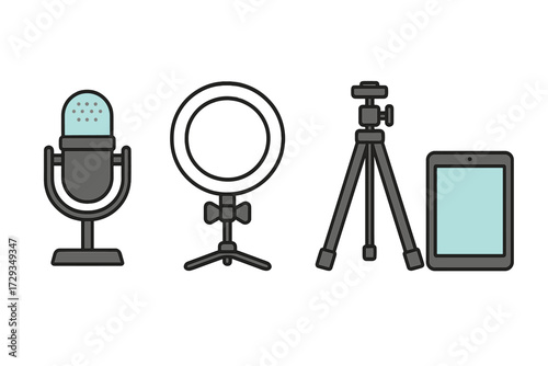 Essential content creation equipment set featuring a microphone, ring light, tripod, and tablet for modern streaming and vlogging
