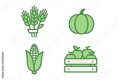 Collection of agricultural harvest symbols featuring wheat corn pumpkin and fresh apples in a wooden crate