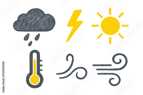 Weather forecast icons set with sun, rain, wind, lightning, and temperature gauge for daily conditions