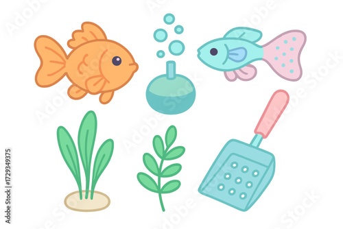 Vibrant cartoon goldfish, tropical fish, green aquatic plants, air stone, and cleaning scoop for aquarium design