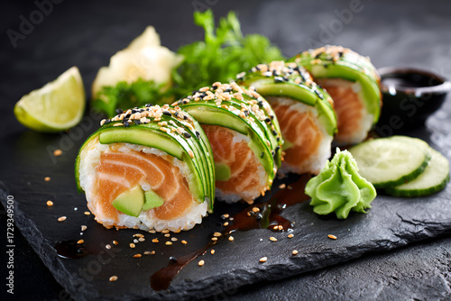 Sushi with salmon and wasabi