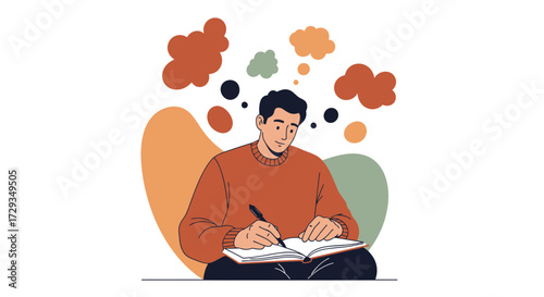 Creative Writer Immersed In Thought Process, Documenting Ideas, Illustration Depicting Artistic