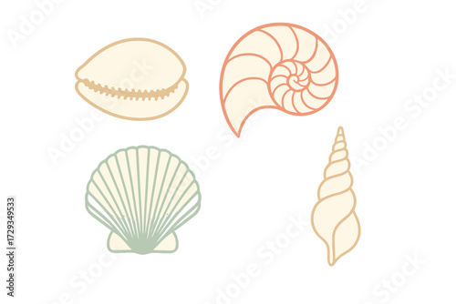 Assortment of diverse marine seashells in a minimalist style with soft pastel colors on a clean white background
