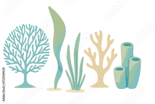 Stylized collection of diverse underwater plants and coral reef elements with a soft watercolor texture on white background