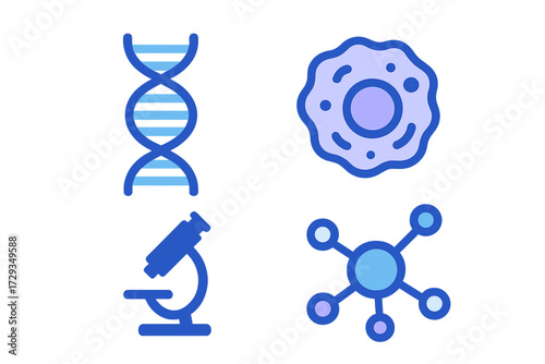 Medical and scientific symbols featuring DNA strand, biological cell, laboratory microscope, molecular structure