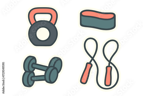 Essential fitness equipment for a healthy lifestyle including kettlebell dumbbells jump rope and exercise mat for workouts