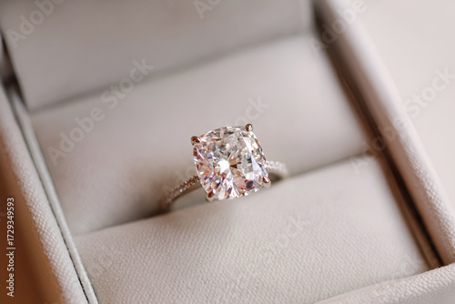 Cushion cut diamond engagement ring resting in a ring box