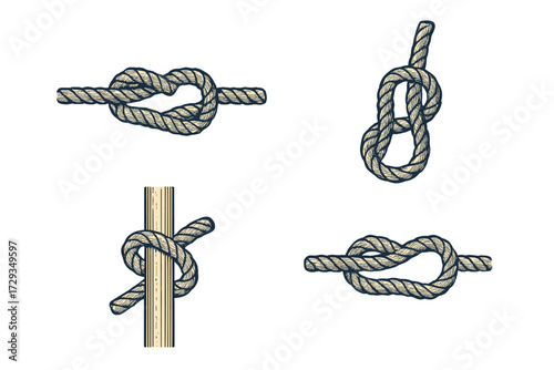 Assortment of traditional nautical rope knots and secure ties for maritime and sailing applications, isolated on a white background