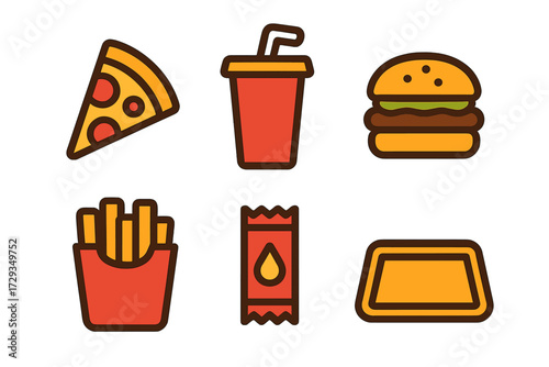 Fast food icons set with pizza slice, hamburger, french fries, soda, ketchup packet, and serving tray