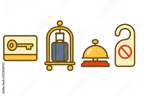 Essential hotel service icons set including key card, luggage cart, reception bell, and do not disturb sign for hospitality industry