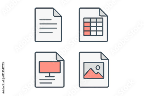 Modern flat design icons illustrating various digital document file types and formats for web and mobile application interfaces
