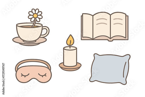 Collection of cozy self-care items for relaxation including a warm cup of tea, an open book, a lit candle, a comfortable sleep mask, and a soft pillow