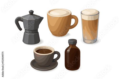 Assortment of coffee beverages and brewing equipment including moka pot, latte, espresso, and cold brew