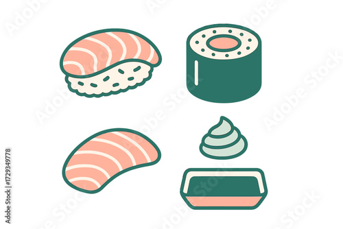 Assortment of traditional Japanese sushi, including salmon nigiri, maki rolls, and essential condiments