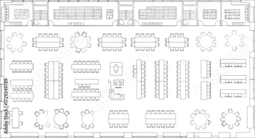 Vector art of detailed floor plan of a large commercial space with seating, tables, and shelving