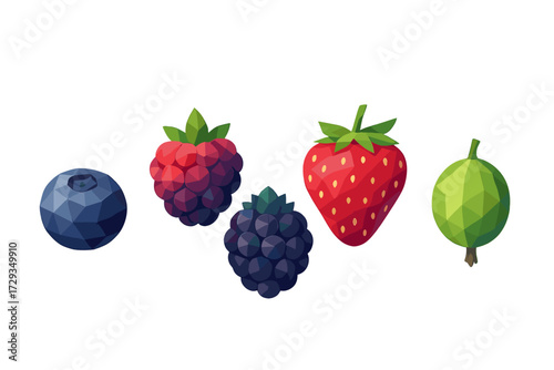 Assortment of fresh colorful berries including blueberry raspberry blackberry strawberry gooseberry with geometric facets