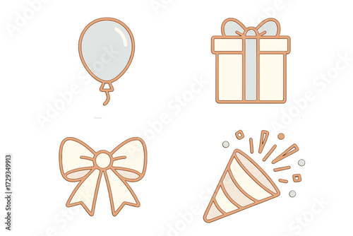 Delicate pastel festive celebration party elements set with balloon gift box bow and confetti popper for events and holidays