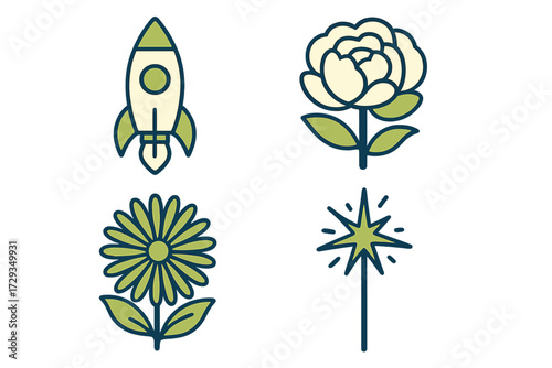 Collection of colorful stylized icons depicting a rocket, blooming peony, daisy flower, and a festive sparkler