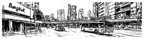 Bangkok City Street with Bus and Skytrain Engraved Vector