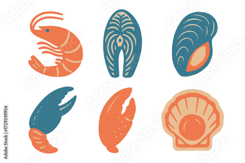 Collection of stylized seafood icons featuring shrimp, fish fillet, mussel, crab claws, and scallop shell