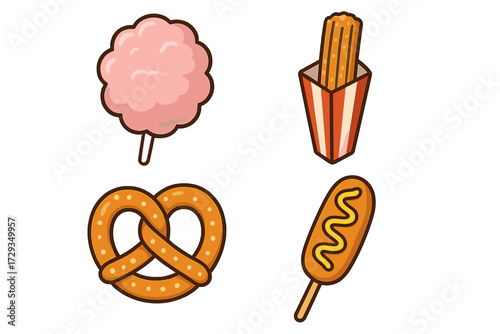 Assortment of classic carnival and fairground treats including fluffy cotton candy, golden churros, salted pretzel, and savory corn dog