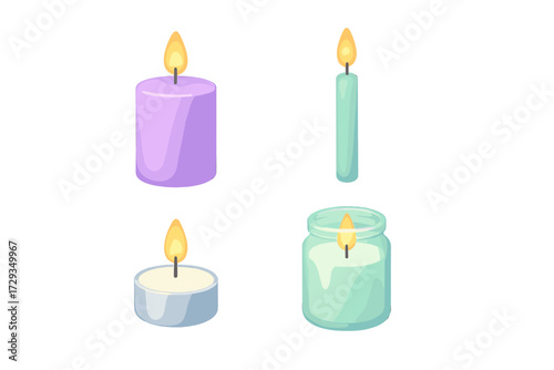 Collection of vibrant burning candles in diverse shapes and containers, perfect for creating a relaxing and ambient atmosphere