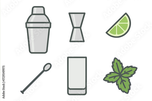 Set of essential bar tools and fresh ingredients for crafting delicious cocktails and refreshing mixed drinks