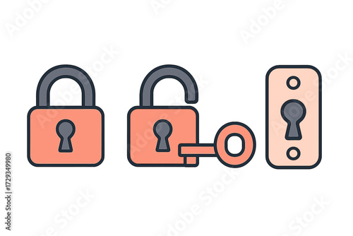 Digital security concept with various padlock icons showing locked and unlocked states, accompanied by a key and keyhole symbol