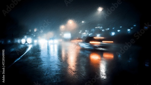 Glossy pavement glistens under dim light as a moving car appears blurred in the rainy atmosphere.