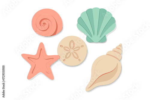Assortment of pastel colored sea shells, starfish, and sand dollar in a decorative layered paper cut style