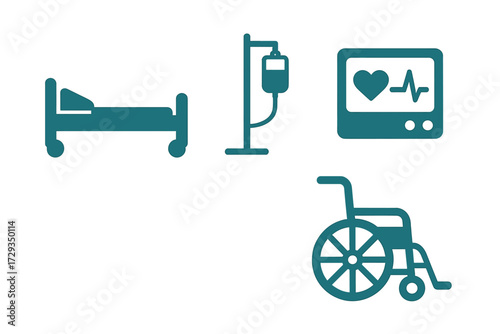 Collection of essential hospital medical equipment icons featuring a patient bed, IV drip, heart monitor, and wheelchair for healthcare