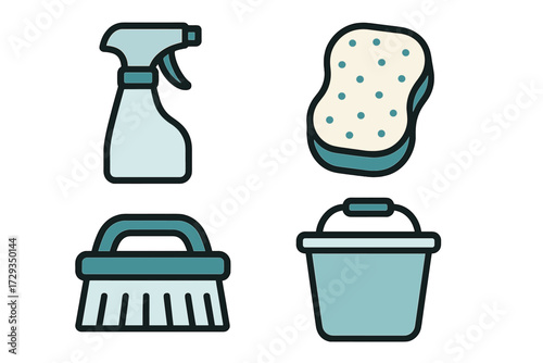 Collection of essential household cleaning tools including a spray bottle, sponge, scrub brush, and bucket for domestic hygiene
