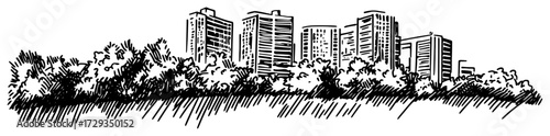 Modern City Skyline with Park Trees Line Art Vector