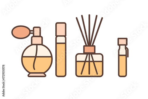 Elegant beauty and fragrance products set with perfume, rollerball, and reed diffuser for personal care and home decor