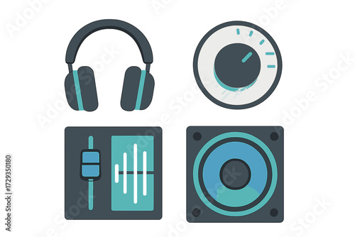 Modern audio equipment set featuring headphones, sound mixer, speaker, and volume control dial for music production and listening