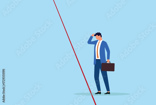 Vector illustration of a businessman standing in front of a red line, representing facing boundaries, confronting challenges, and preparing to take bold steps
