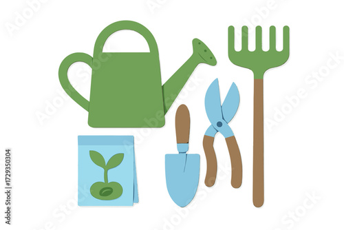 Assortment of garden implements: watering can, rake, trowel, pruning shears, and a seed packet with a seedling