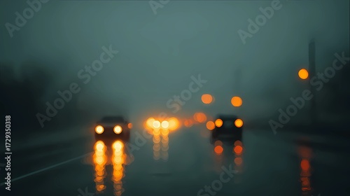 Glossy pavement glistens under dim light as a moving car appears blurred in the rainy atmosphere.